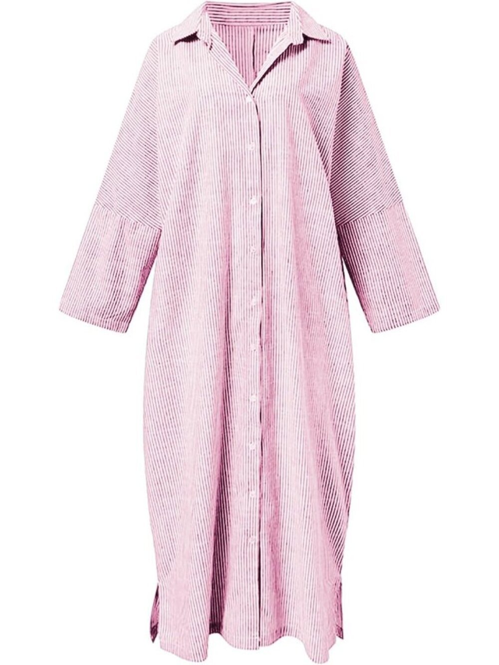 Women's Pink Long Sleeve Button Down Loose Striped Cotton Maxi Shirt Dress - Picture 3 of 5